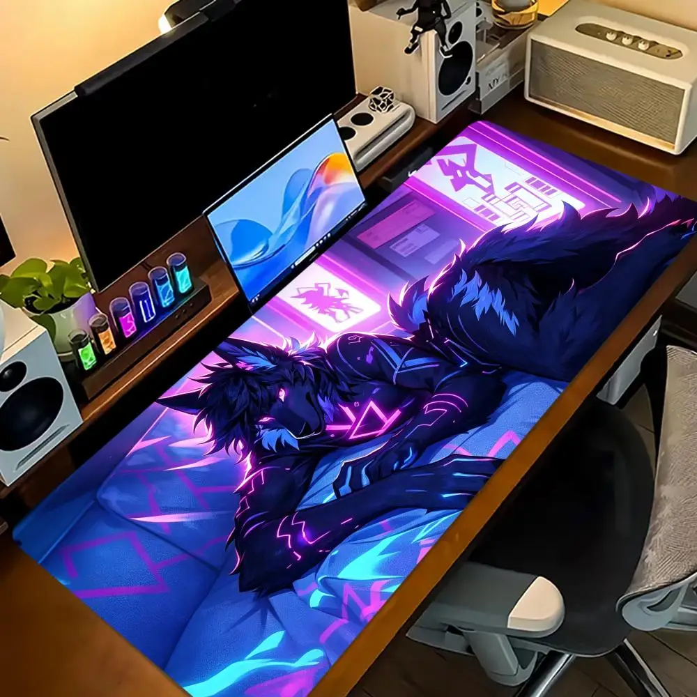 Neon Cyber City Anime Fox Extended Gaming Mouse Pad Non Slip Desk Surface Futuristic Fantasy Art Print For Gaming And Office