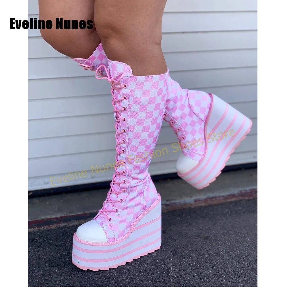 Women Pink White Checkerboard Platform Boots Round Toe Wedge Lace Up Y2K Street Style Women Knee High Boots 2026 Cosplay Trend