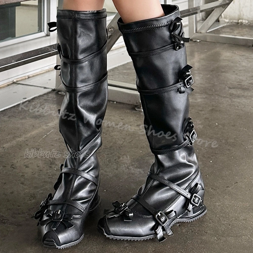 

Bows Belt Buckle Knee High Boots Elegant Novelty Fashion Round Toe Flat With Slip-On Genuine Leather Solid Color Women Shoes New