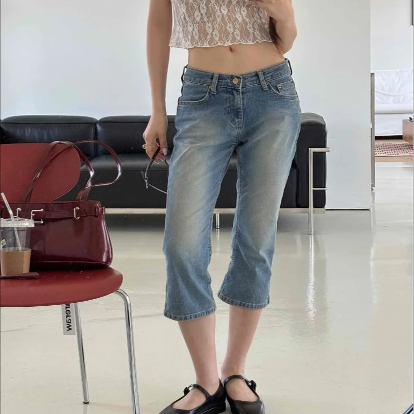 

Low Waist Bell Bottom Denim Jeans Women's Chic Fashionable Vintage Worn Low Rise Seven Inch Micro Flare Blue Cotton Jeans