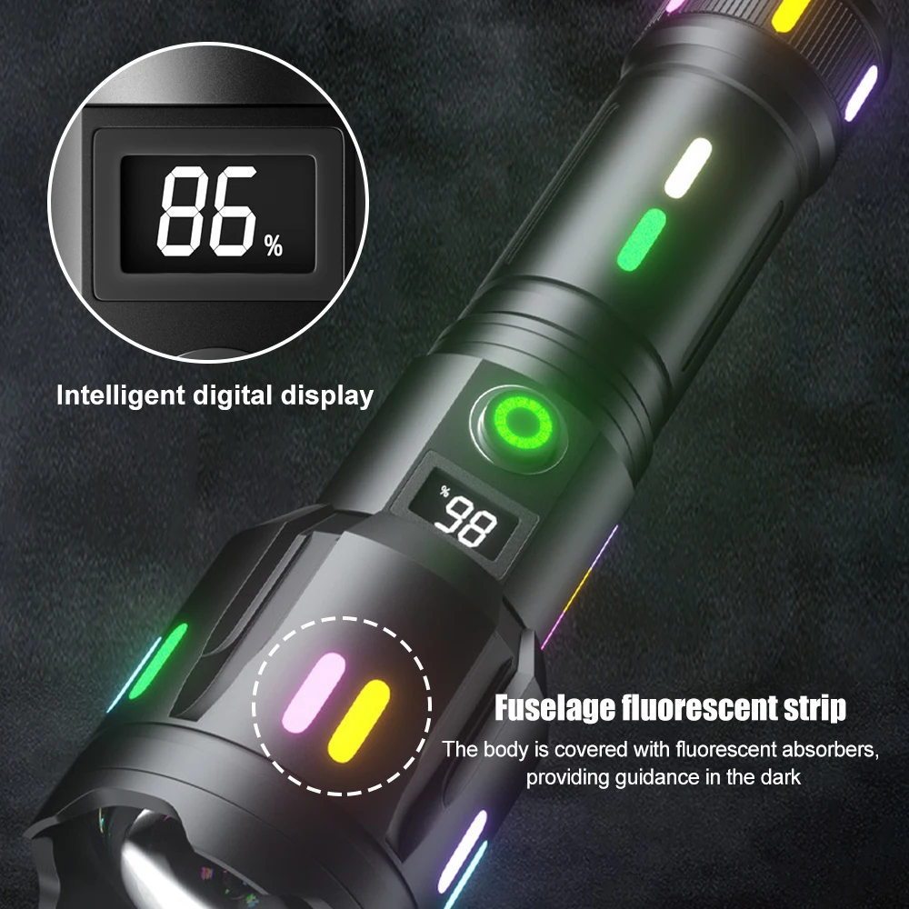 5000LM Long-Range White Laser Flashlight TYPE-C Rechargeable Camping Torch Zoomable Search Spotlight with Luminous Strips