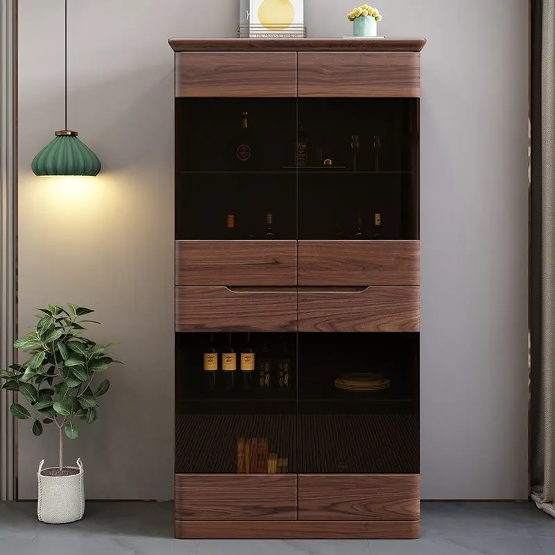Black walnut living room wine cabinet, simple style solid wood display cabinet against the wall