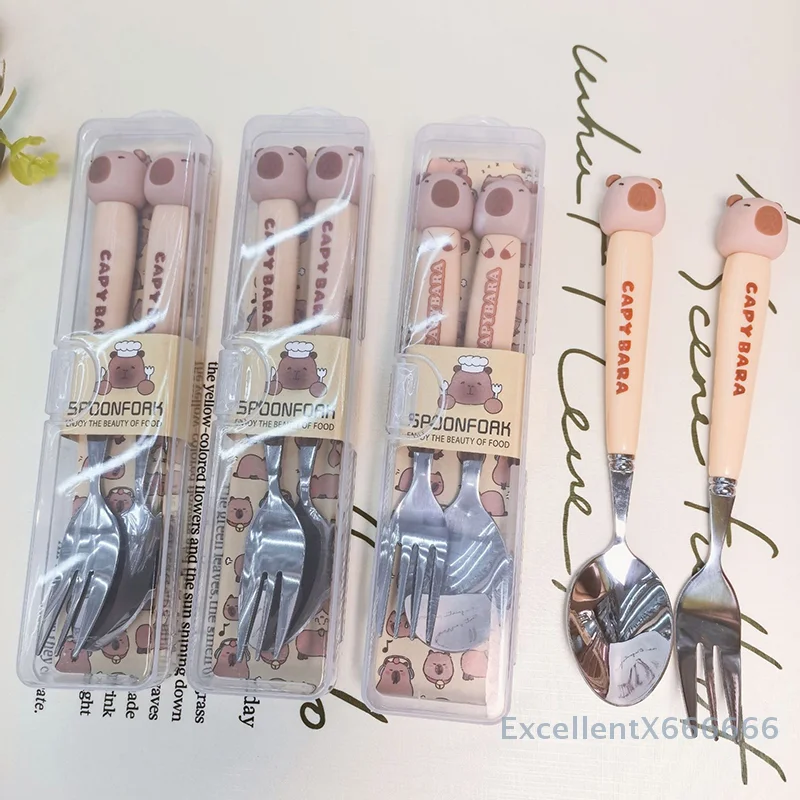 

Cute Capybara Spoon Fork Stainless Steel Child Tableware Supplies Portable Tableware Set For Dining Kitchen Accessories
