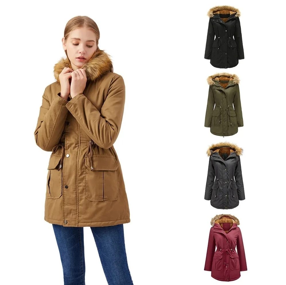

Women's Fleece Lined Cotton Jacket Winter Warm Hooded Coat Large Size Comfortable Long Sleeve with Drawstring & Zipper