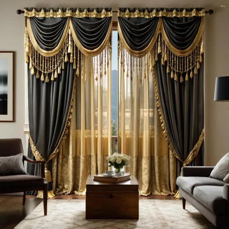 2pcs Flat Printed Curtains European Royal Style Black Gold Semi-Blackout Window Drapes for Bedroom