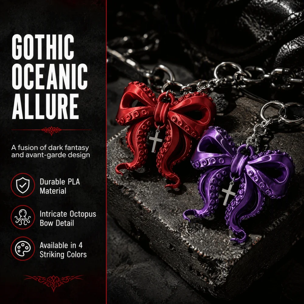 3D Printed Octopus Tentacle Bow Keychain Fashion Unique Octopus Bow Pendant Creative Gothic Cthulhu Style Keyring Backpack Decor