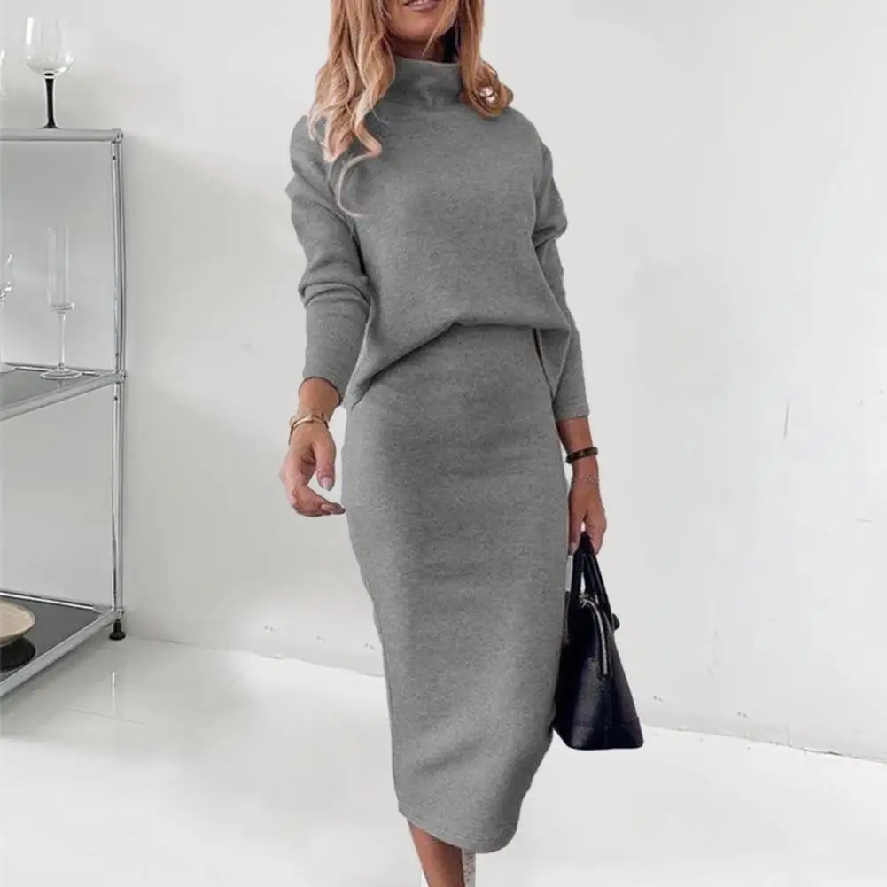 2 Pcs/Set Women Top Skirt Suit High Collar Neck Protection Elastic Mid-calf Length Skirt OL Commute Style Sweater Skirt Set