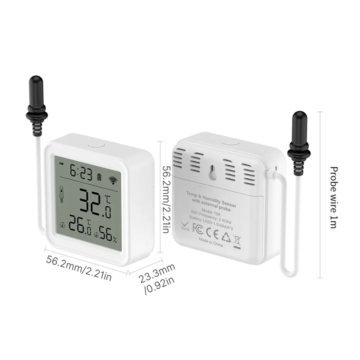 ABJZ Tuya Smart Home WiFi temperatuur- en vochtigheidssensor met 1M externe sonde-app Remote Viewing Temperatuur-vochtigheidsmeter