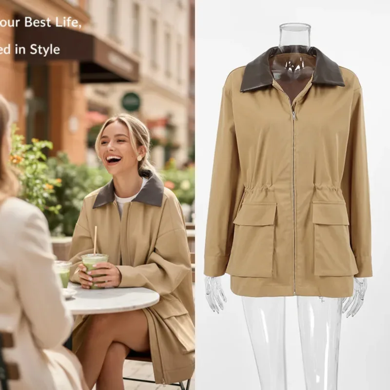 Contrast Lapel Trench Jacket For Women Casual Loose Fit Zip Up Style With Drawstring Waist Functional Pockets Urban Chic Look