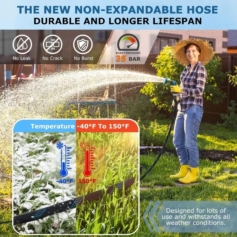 150FT Garden Hose, Non-Expandable Flexible Water Hose with 10-Pattern Spray Nozzle, Lightweight Hose Pipe