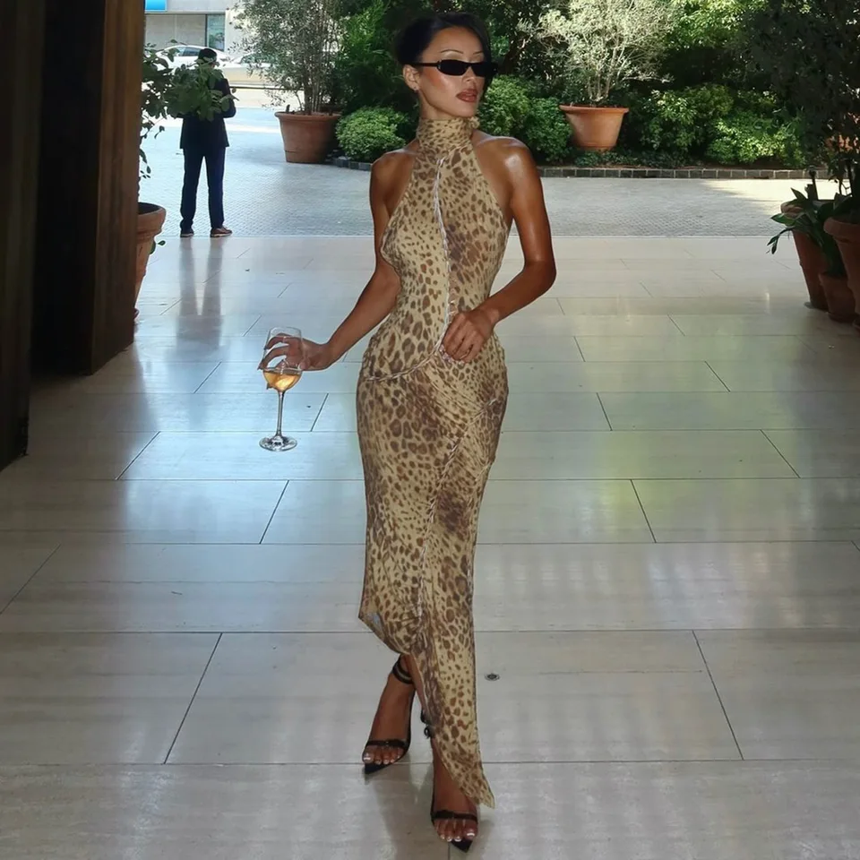 Vestido Maxi de Leopardo con Espalda Descubierta y Halter para Mujer, Outfit de Club, Largo con Vendas y Adornos 3