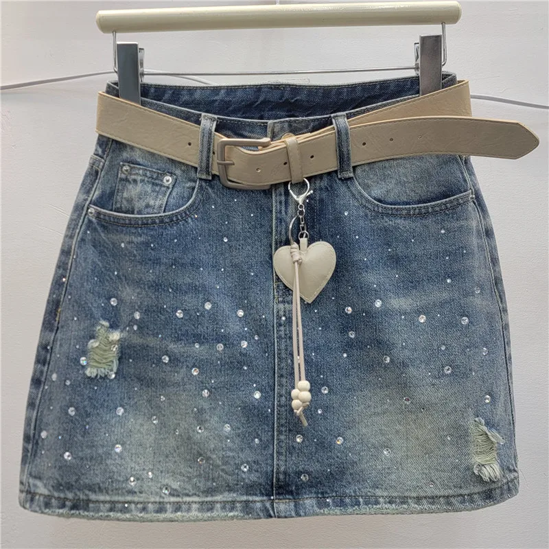 

Heavy-duty Rhinestone-embellished Bodycon Denim Mini Skirt for Women, 2026 Summer Thin New Style, Elegant and Slimming Skirt