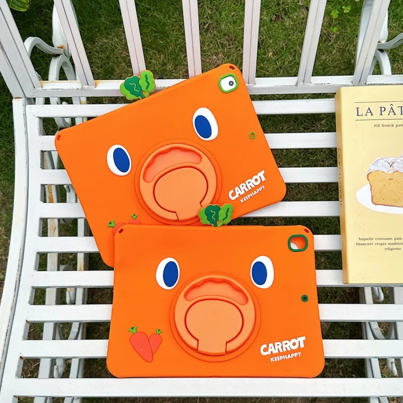 

3D Cute Carrot Silicone Tablet Case with Stand Shoulder Strap for iPad Mini 1-7 Air 1-8 Pro 9.7/10.5/11in 2017-2026 Kids Cover