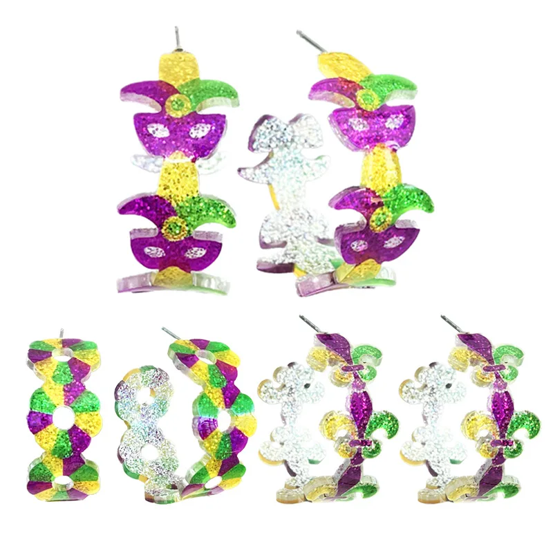Mardi Gras Carnival Glitter Acrylic Hoops Flower Circle Holiday Earrings Women Jewelry Wholesales