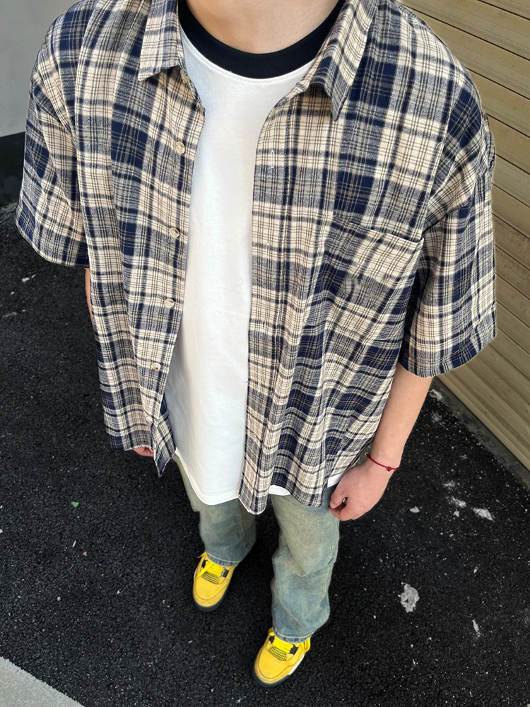 

Мужская летняя рубашка Cleanfit синяя в клетку, американского стиля, с коротким рукавом, влагоотводящая, дышащая, свободного кроя