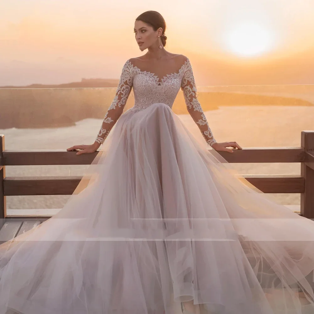 

Flavinke Customized Sexy Long Sleeve Lace Princess Wedding Dresses Luxury Scoop Appliques Button Court Train A Line Bride Gown