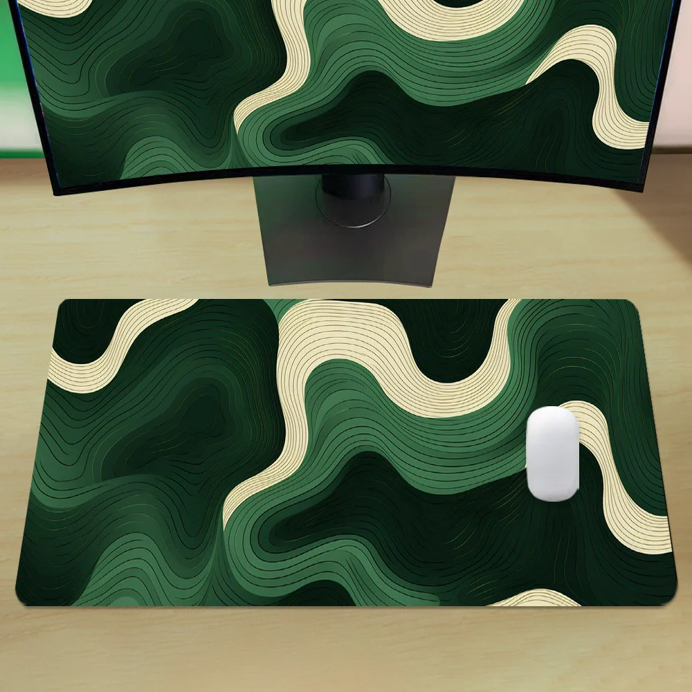 Large Gaming Mouse Pad Green Wave Pattern Desk Pad Abstract Design Mousepad With Non-Slip Rubber Base Stitched Edge Deskpad