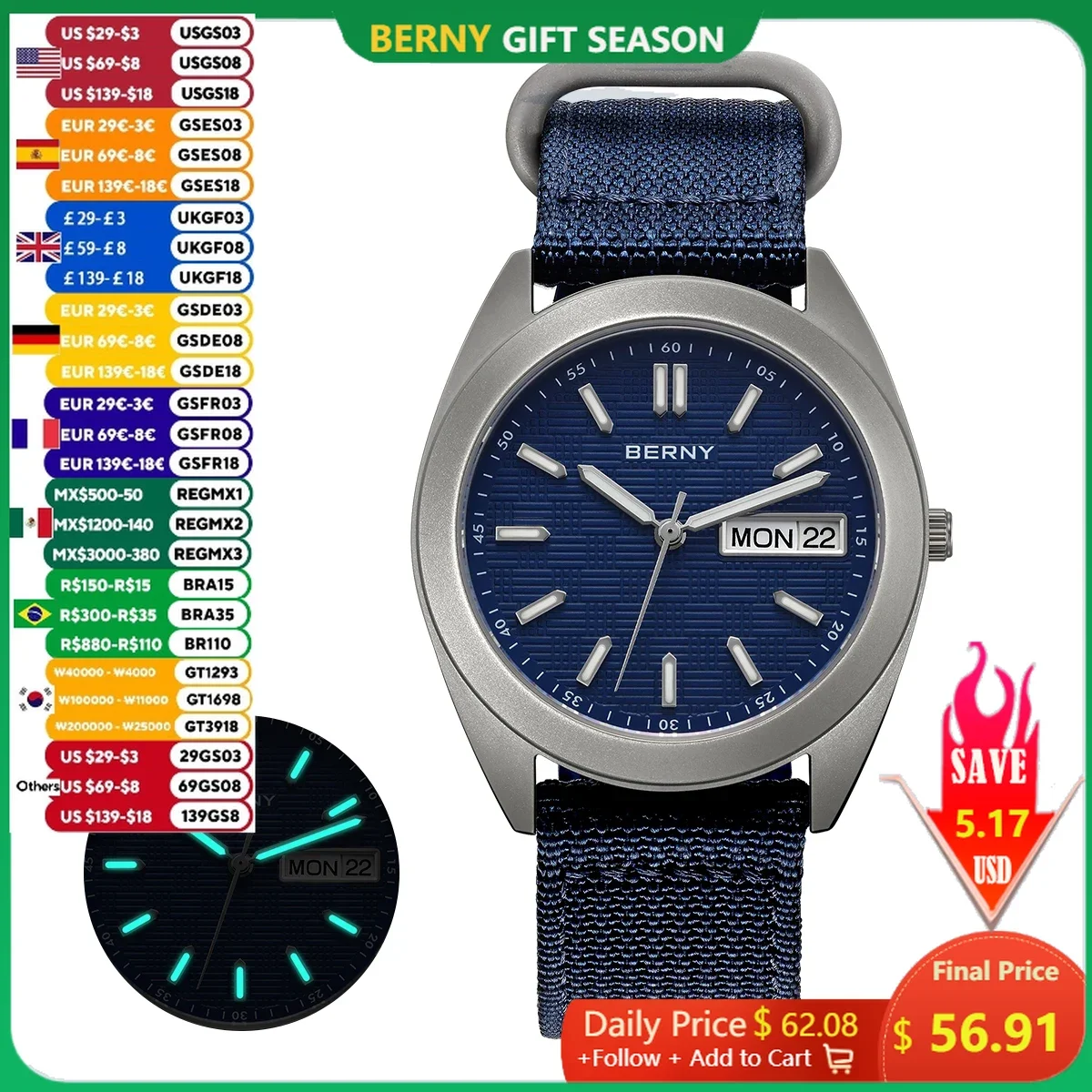 BERNY Titanium Watches For Men Date Week Calendar Quartz Watch 38mm Super Luminous Men\'s Wristwatch Sapphire 10ATM Lightweight