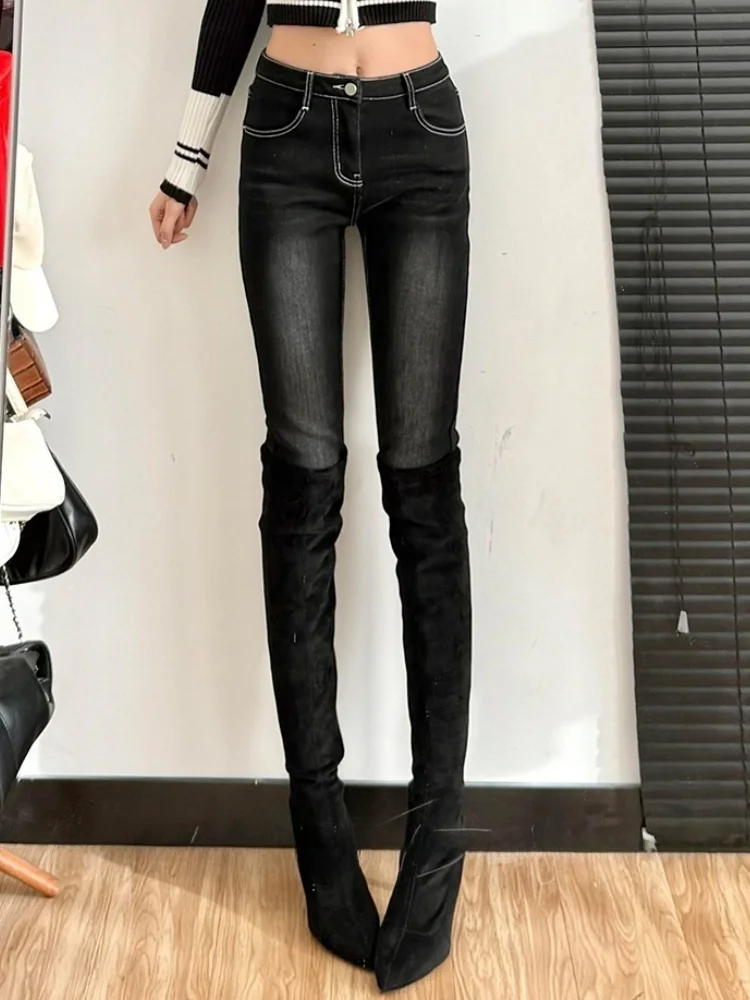 

High Waist Thiened Fce Women's Skinny Jeans Sexy Tight Fit Bootcut Denim Pants Autumn Winter High Elastici Cotton Stretch