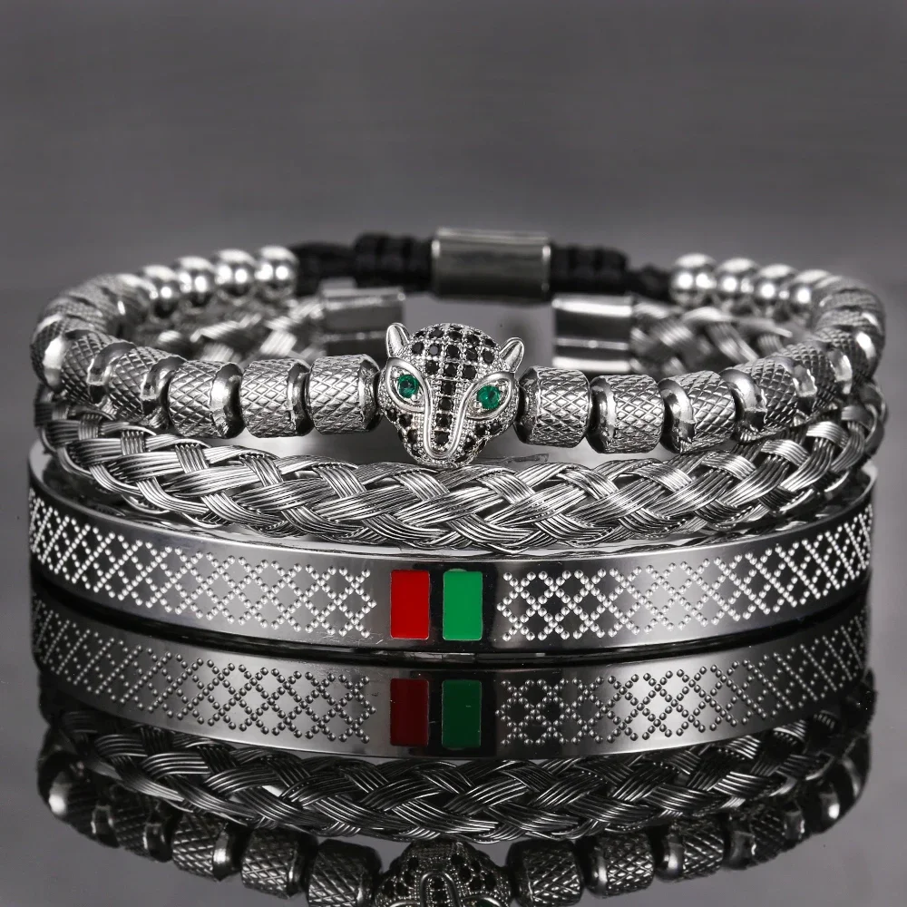 Fashion Handmade Braiding Bracelet Bangle Sets For Men Pave CZ Leopard Head Enamel Green Red Bangle Stainless Steel Women Bijoux