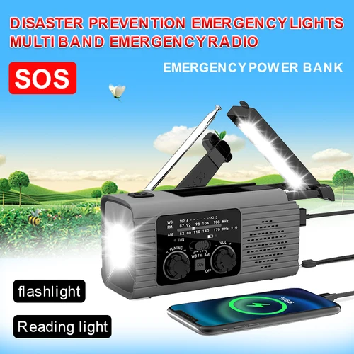 Radio de emergencia de doble uso para adultos, portátil, multifuncional, con manivela manual, Banco de energía de aventura, carga Solar FMAM