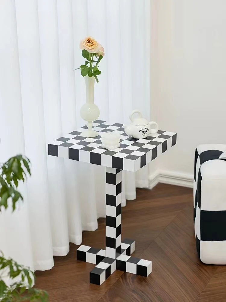 

French Designer Ins Style Checkerboard Small Side Table, Modern Small Square Table, Light Luxury Home Small Coffee Table