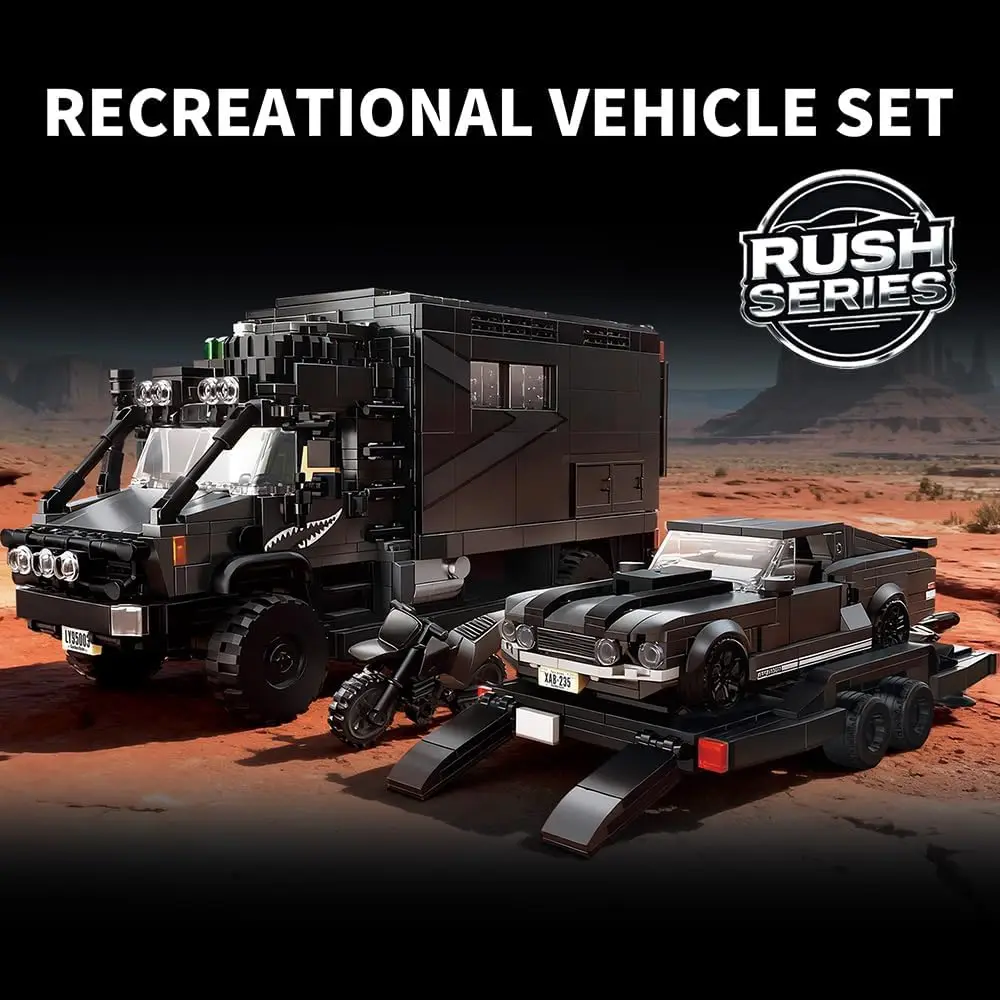 Black RV Car Building Blocks Toys for Boys or Adults Kits, Rotatable Side Door & Quick-Release Roof, Liftable Tailgate