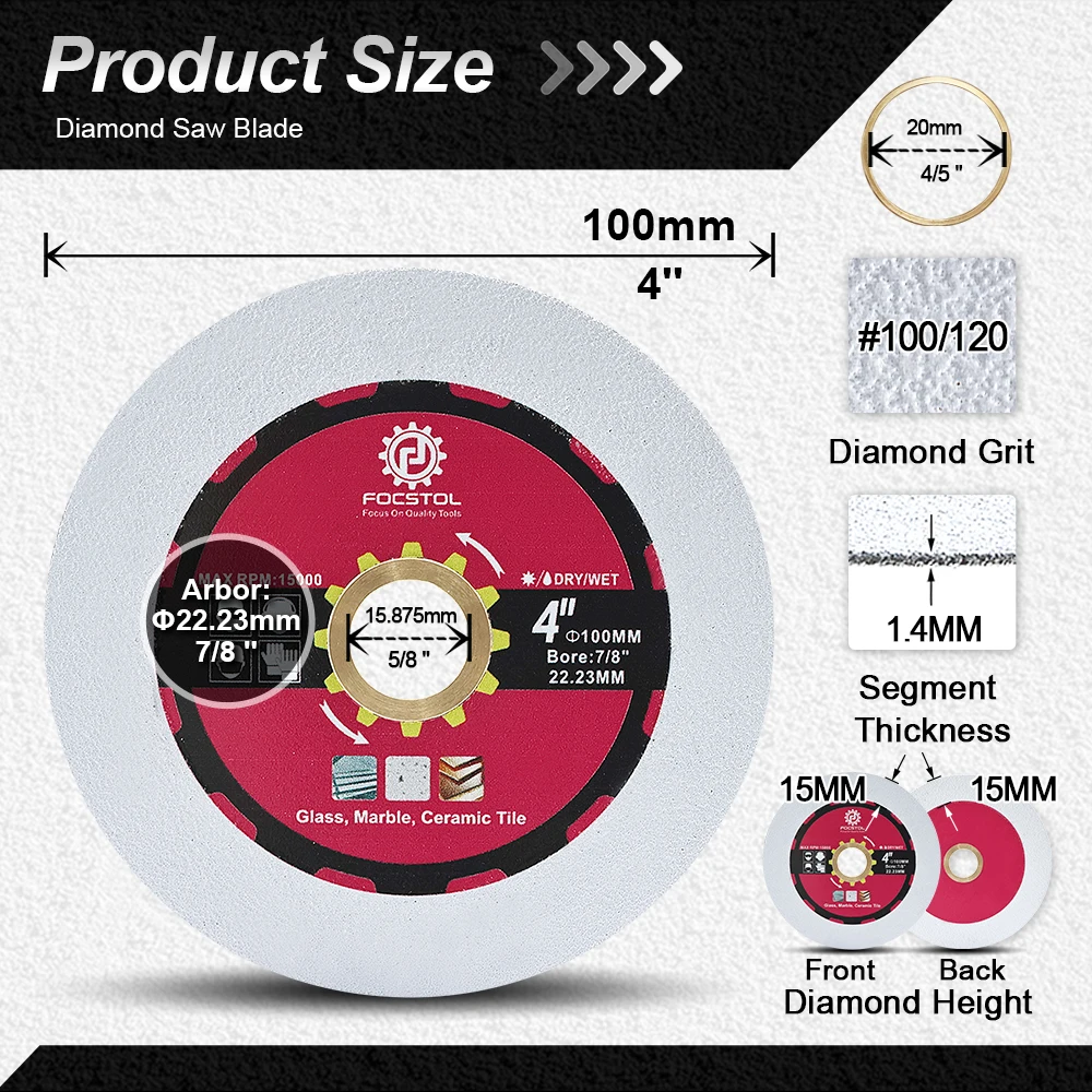 FOCSTOL 4 polegadas 100mm Diamante Disco de Corte de Vidro Corte e Moagem para Vidro Jade Cristal Garrafa de Vinho Lâmina de Serra de Diamante