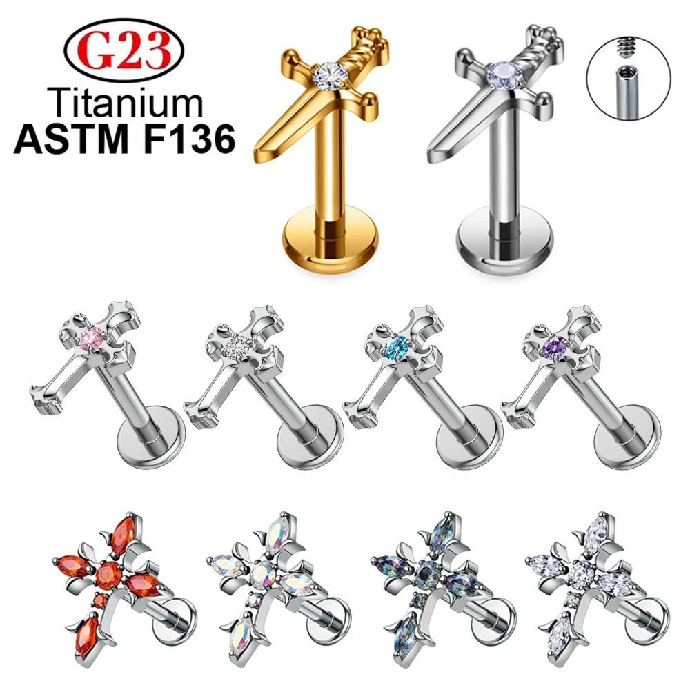 ASTM F136 Titanium CZ Cross Stud Earrings 16G Flat Back Labret Lip Stud Nose Ring Tragus Cartilage Lobe Ear Piercing Jewelry