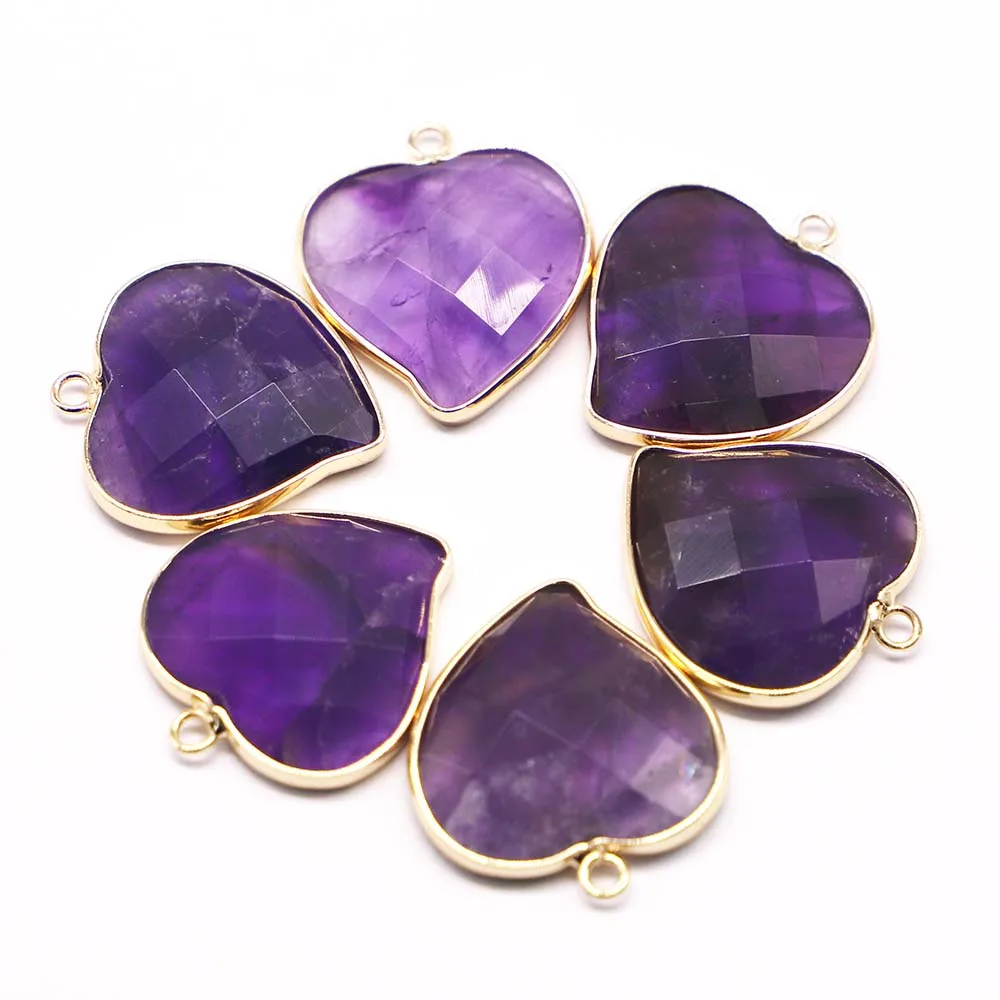 

Natural Stone Amethyst Heart Section Gilt Edge Necklaces Pendants Purple Crystal Ore Cure DIY Jewelry Accessories Wholesale 4Pcs