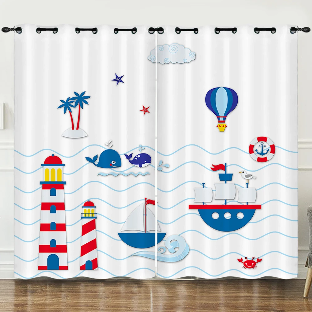 Marine Windows Drapes Sea Shells and Stars Curtains for Kids Teens Seamless Vector Chart Curtains for Bedroom Living Room Nature