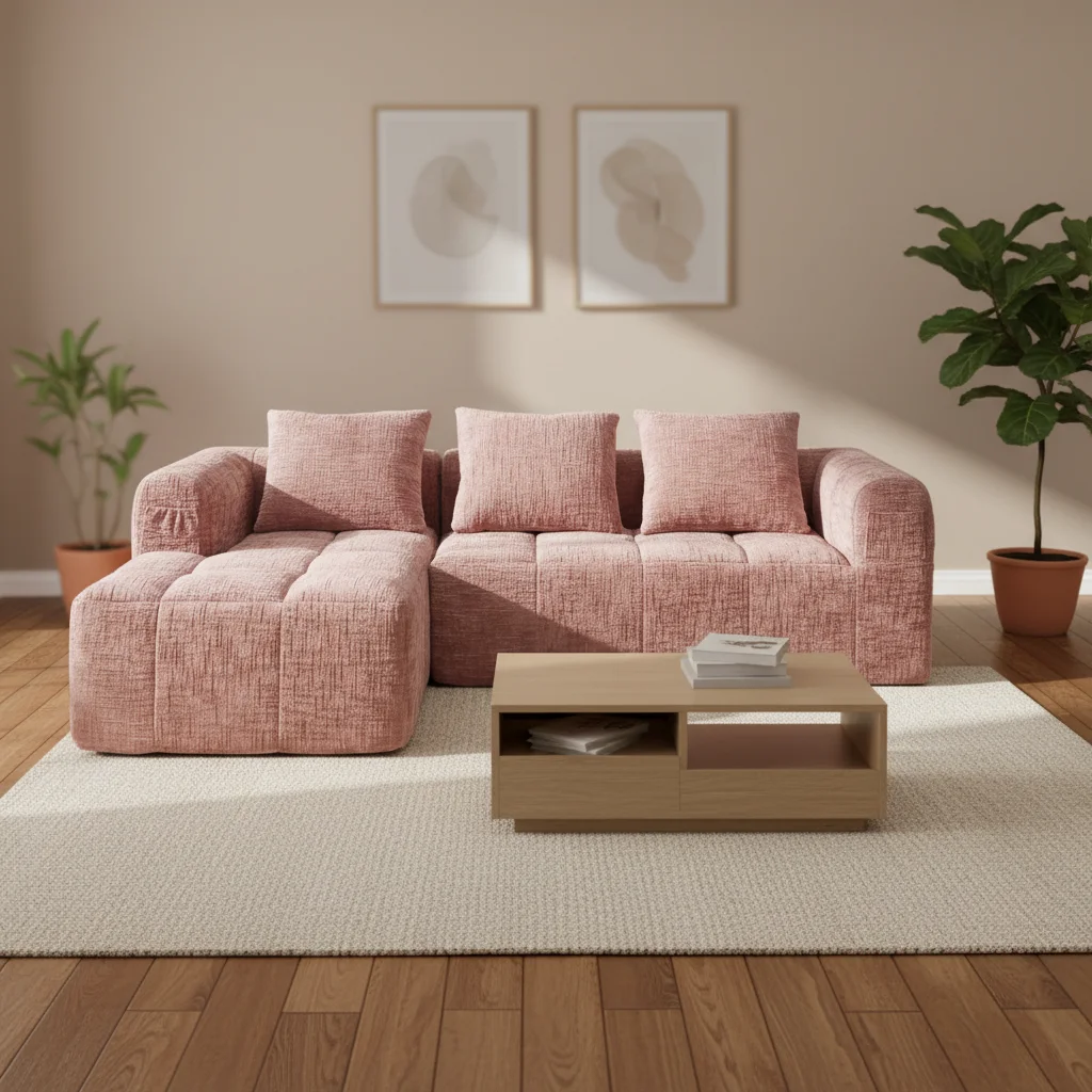 #Dusty Rose Chenille L Shaped Sectional Sofa Vacuum Compressed Modular Oversized Seat for Living Room Small Space