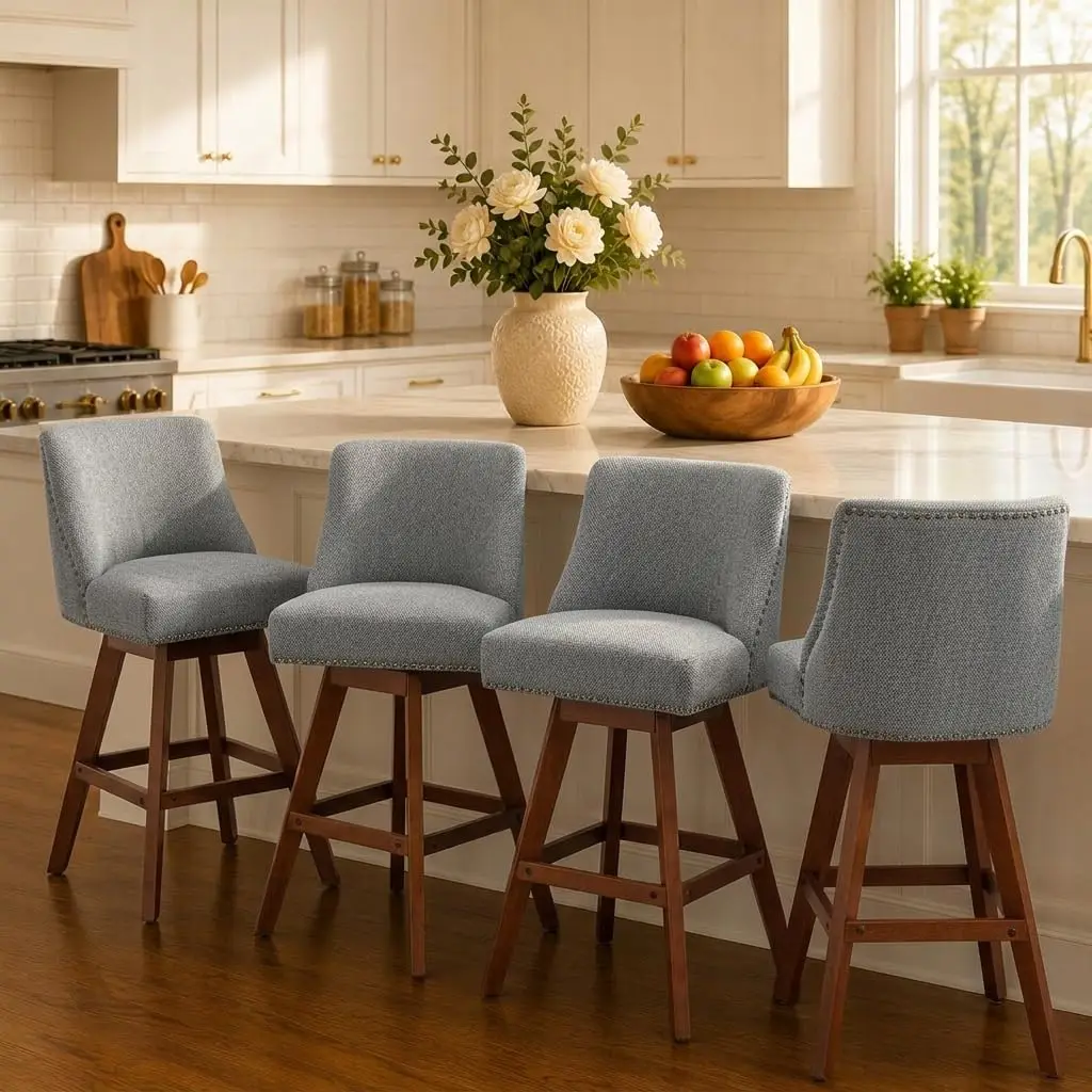 Swivel Counter Bar Stools Set 6, Modern Grey Barstools with Backs & Wood Legs, Linen Fabric Kitchen Island Chairs, Customized