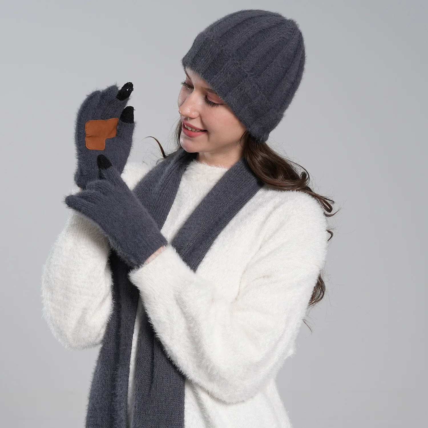 Winter Knit Hat Scarf Touch Screen Gloves 3 Piece Set for Men and Women Adult Outdoor Warm Accessory Kit