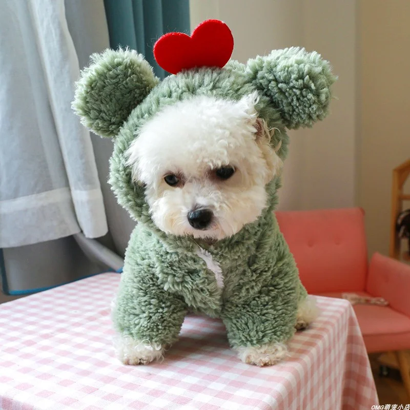 1PC Pet Clothes Winter Plush Thick Green Love Little Fat Four legged Cotton Clothes Suitable for Small and Medium sized Dogs