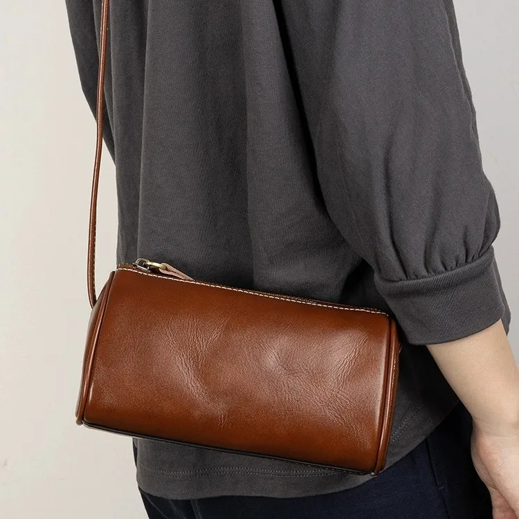 Genuine leather women's bag, retro vegetable-tanned cowhide crossbody cylinder bag, portable single-shoulder small bag