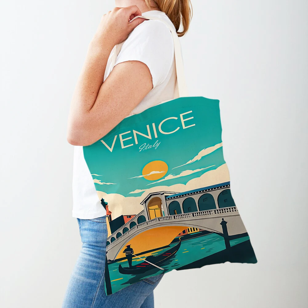 World City Travel Paris Venice Amsterdam Lady Shopping Bag Both Sided Geometric Women Shopper Bags Casual Eco Shoulder Handbags