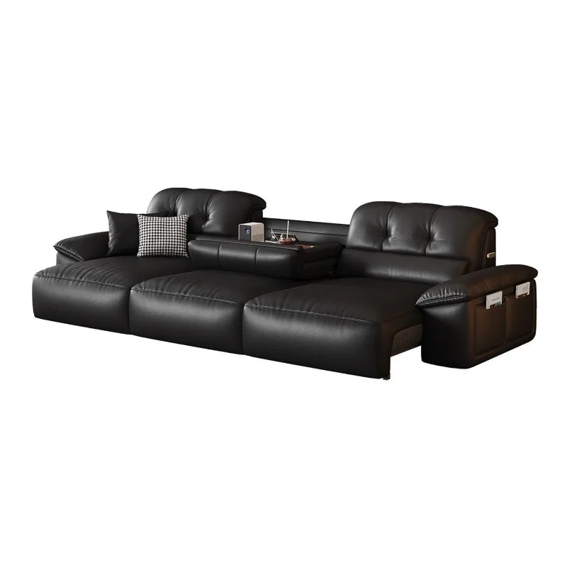 Sofa black leather function Italian light luxury can sleep and lie down in a straight row of three people