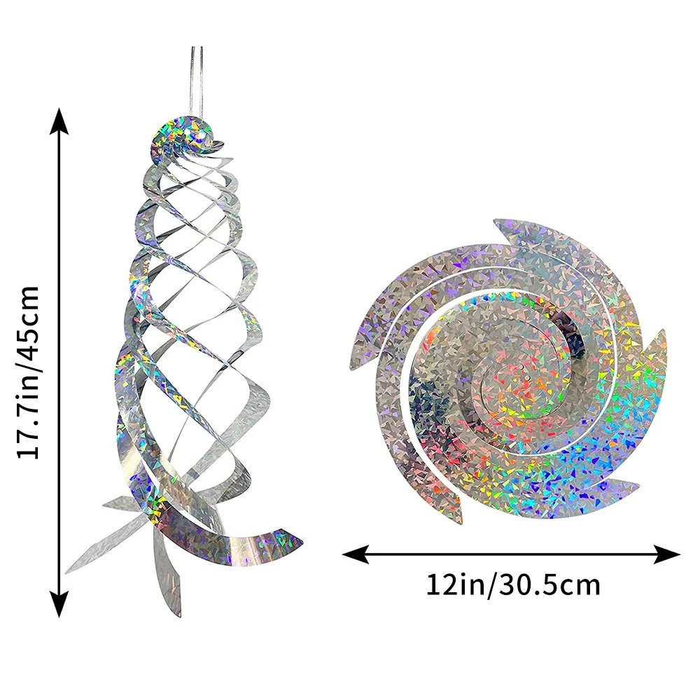 RALCA-6 Pack Bird Repellent Spiral Reflectors Silver Mylar Spinner, Hanging Reflective Bird Deterrent Device Garden Decorative