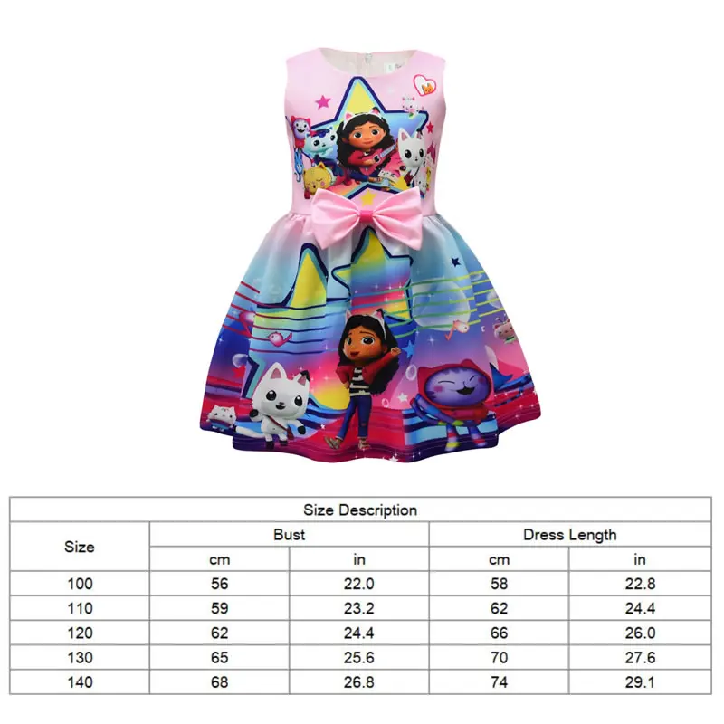 Gabby\'s Dollhouse Costume For Baby Girl Dress Gabby Doll House Summer Kid Up Print Bow Party Princess Frock Child Tunic Cloth