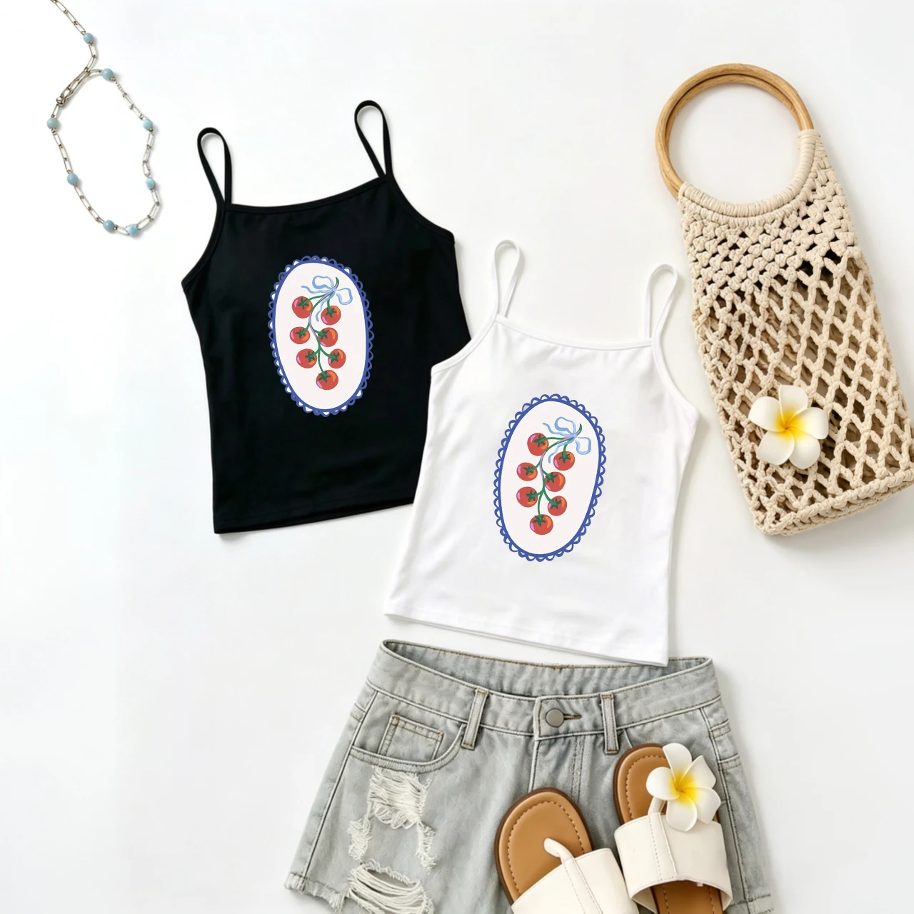 Cute Cherry Tomato Print Camisole Blue Lace Frame Graphic Tank Top Summer Y2K Coquette Sleeveless Vest Aesthetic Streetwear Top