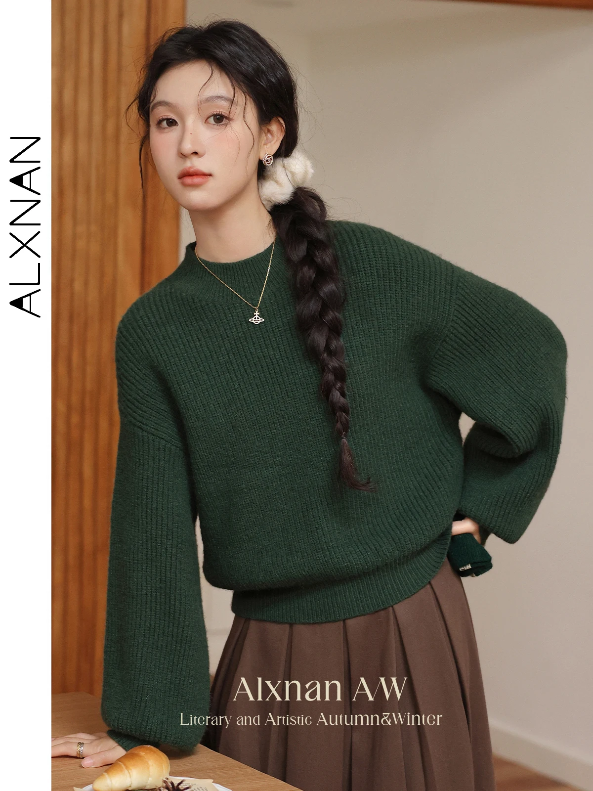 

ALXNAN Women Green Sweaters Soft O-neck Lantern Drop Sleeve Loose Languid Pullovers 2025 Winter Warm Knitted Jumper Woman L52595