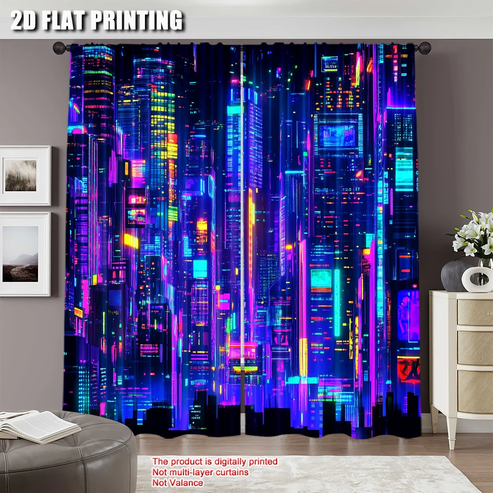2Pcs Retro 80S Modern Punk Night City Curtain Futuristic Aesthetic Apply To Bedroom Living Room Office Dormitory