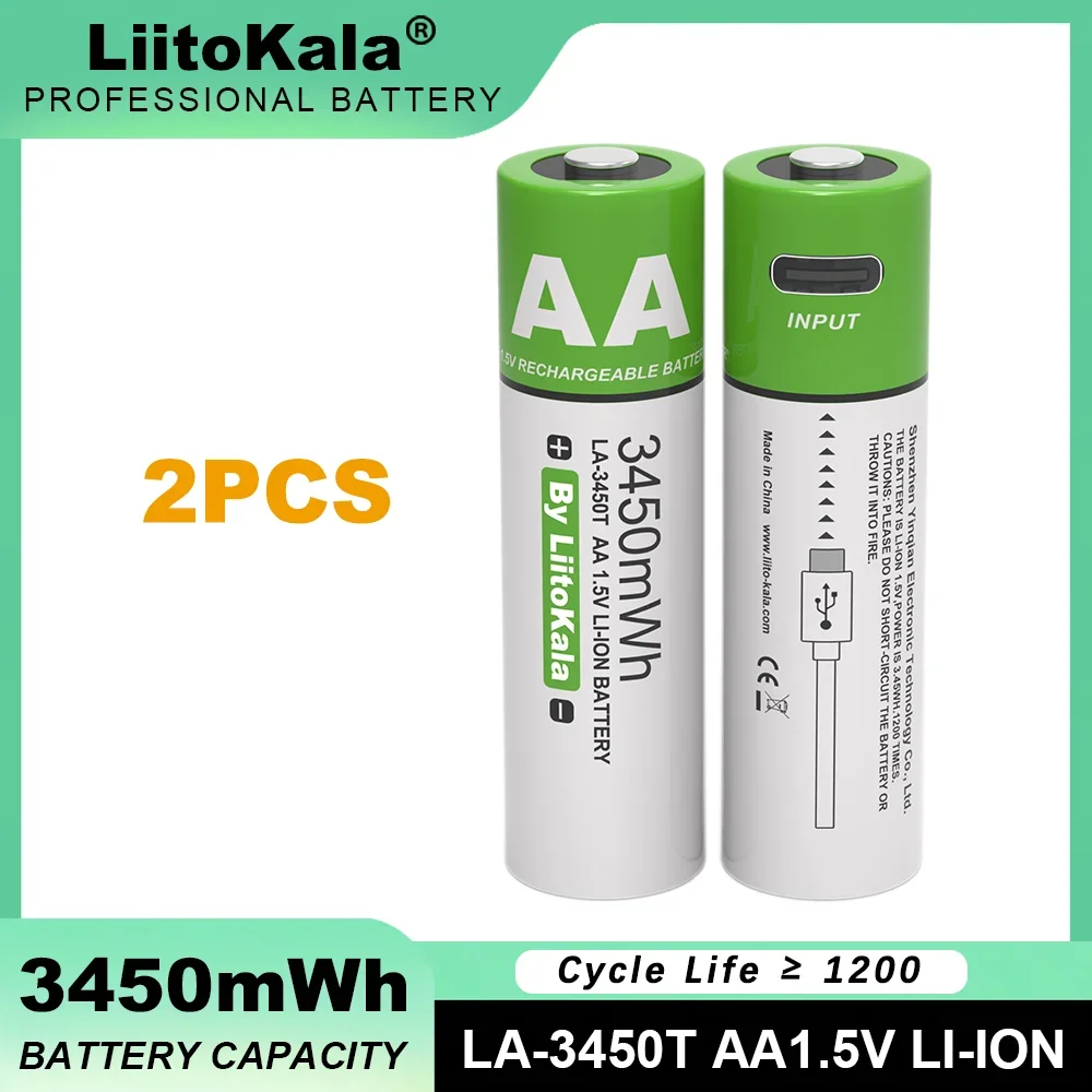 2PCS Liitokala Original Battery AA 1.5V 3450mWh Type-C USB Fast Charge Lithium Rechargeable Battery Large Capacity For Mouse Toy