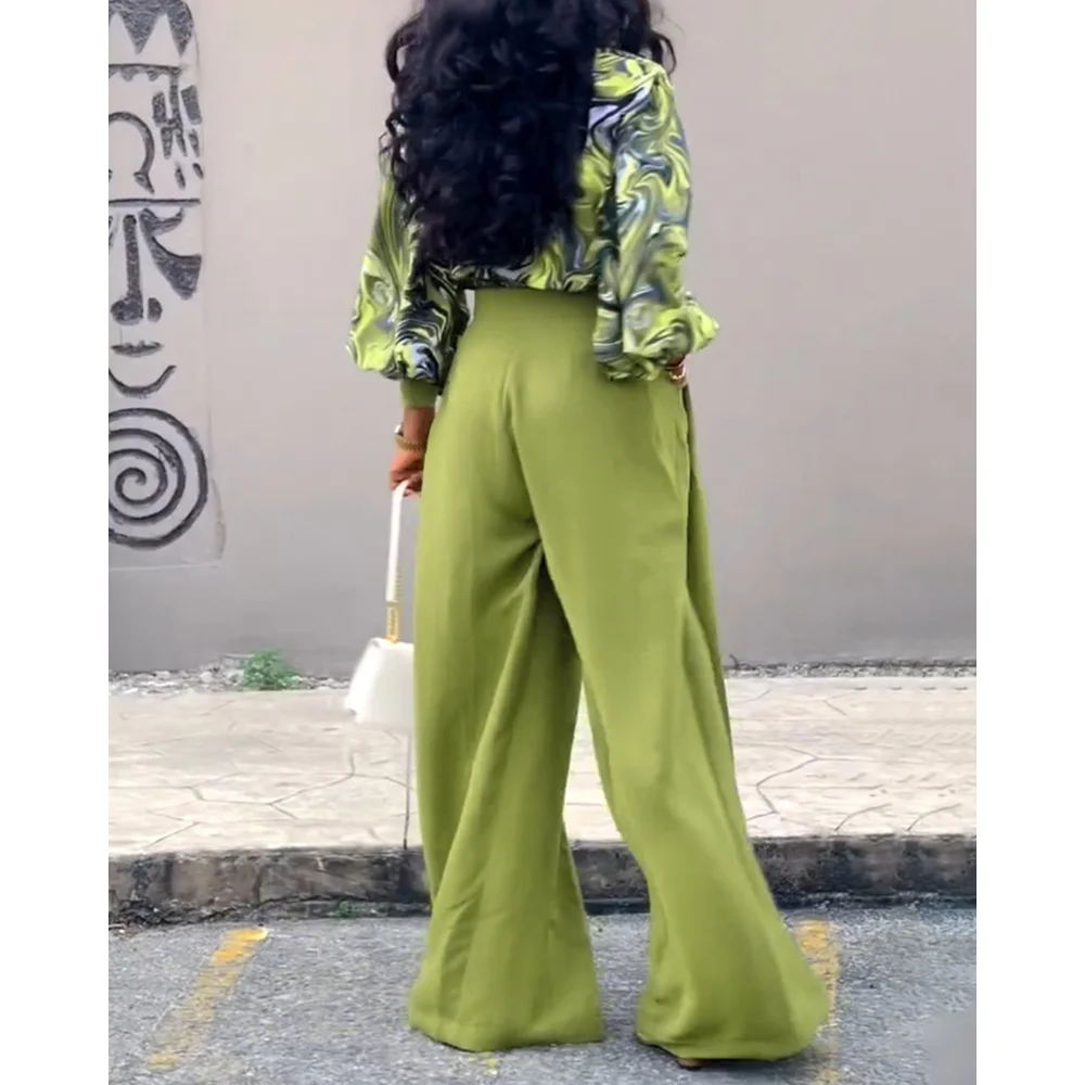 2 Pieces Outfit Abstract Print Cowl Neck Lantern Sleeve Stretchy Hem Crop Top and Casual Zipper Side Ruched Wide Leg Pants Set