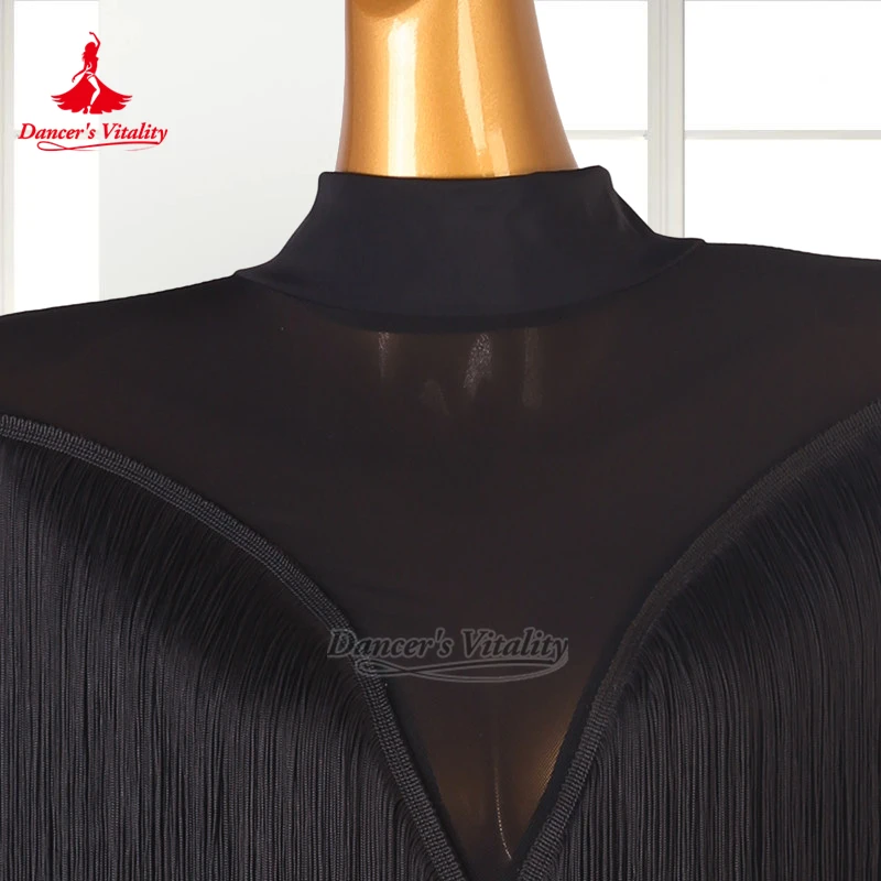 Mesh Perspective High-neck Tassel Social Dance Dress Dancer's Vitality Adult Women Waltz Foxtrot Tango Practise Clothe Customize
