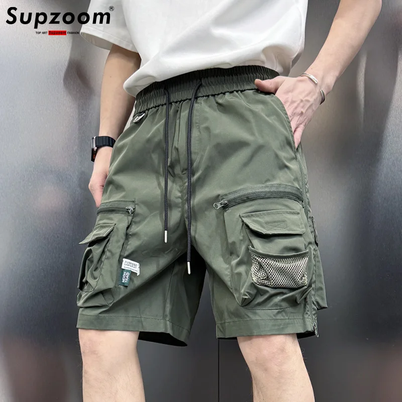 Supzoom New Arrival Top Fashion Summer Loose Casual Belt Design High Street Trendy grid Stitching Pocket Personalized Shorts Men