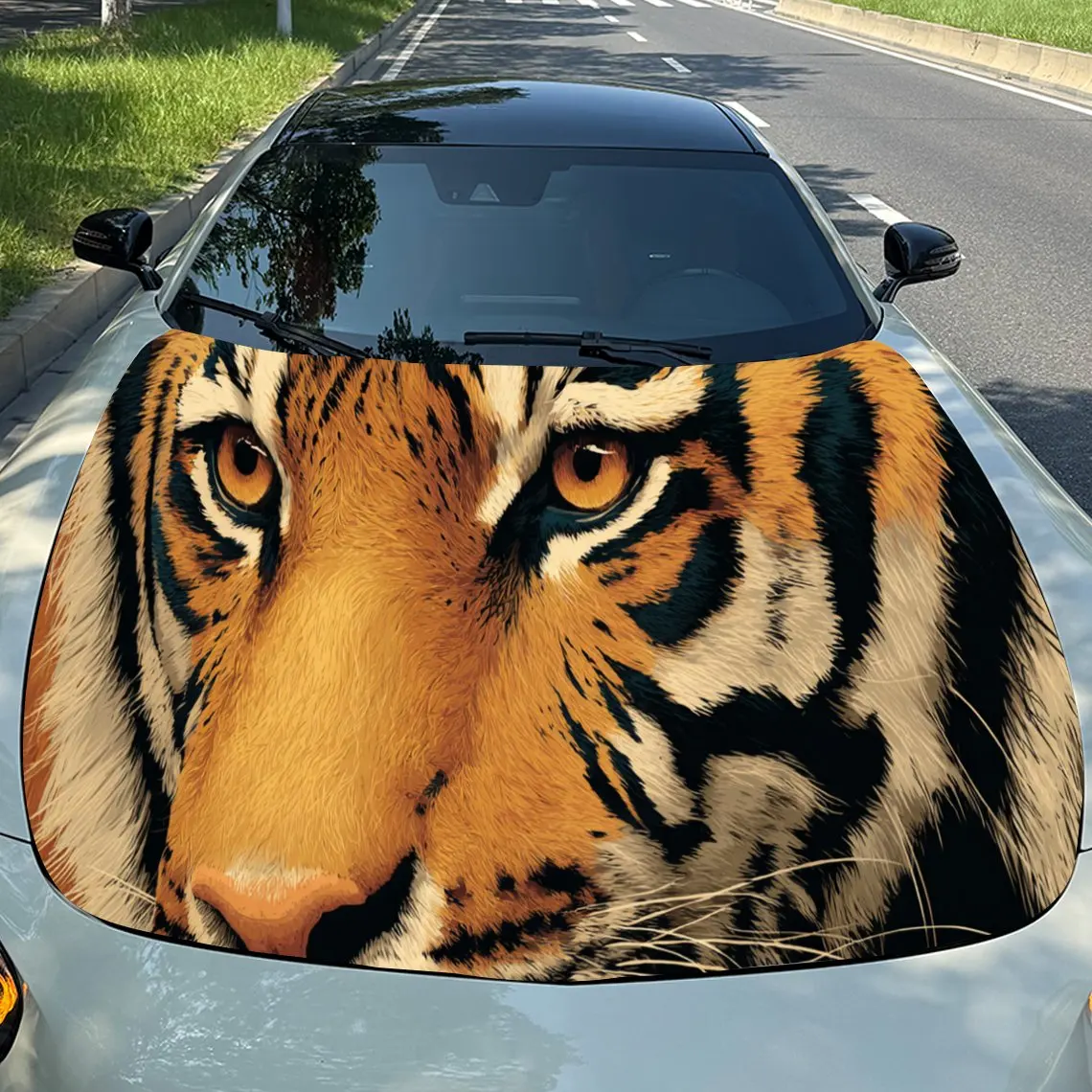 

Mighty Tiger Face Engine PVC Car Vinyl Wraps, Self-Adhesive Waterproof Car Hood Decal Sticker, Car Decoration Protection Sticker