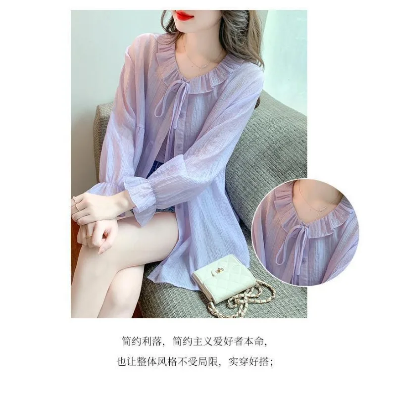 Einfarbige, dünne Sonnenschutz-Oberteile aus Chiffon für Damen, modische, vielseitige Strickjacke mit Rundhalsausschnitt und langen Ärmeln und Knopfleiste