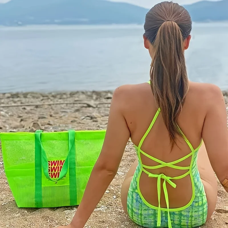 2026 New High Capacity Mesh Beach Portable Shoulder Storage Handbag Women Seaside Swimming Vacation Fitness Outdoor Daily Use